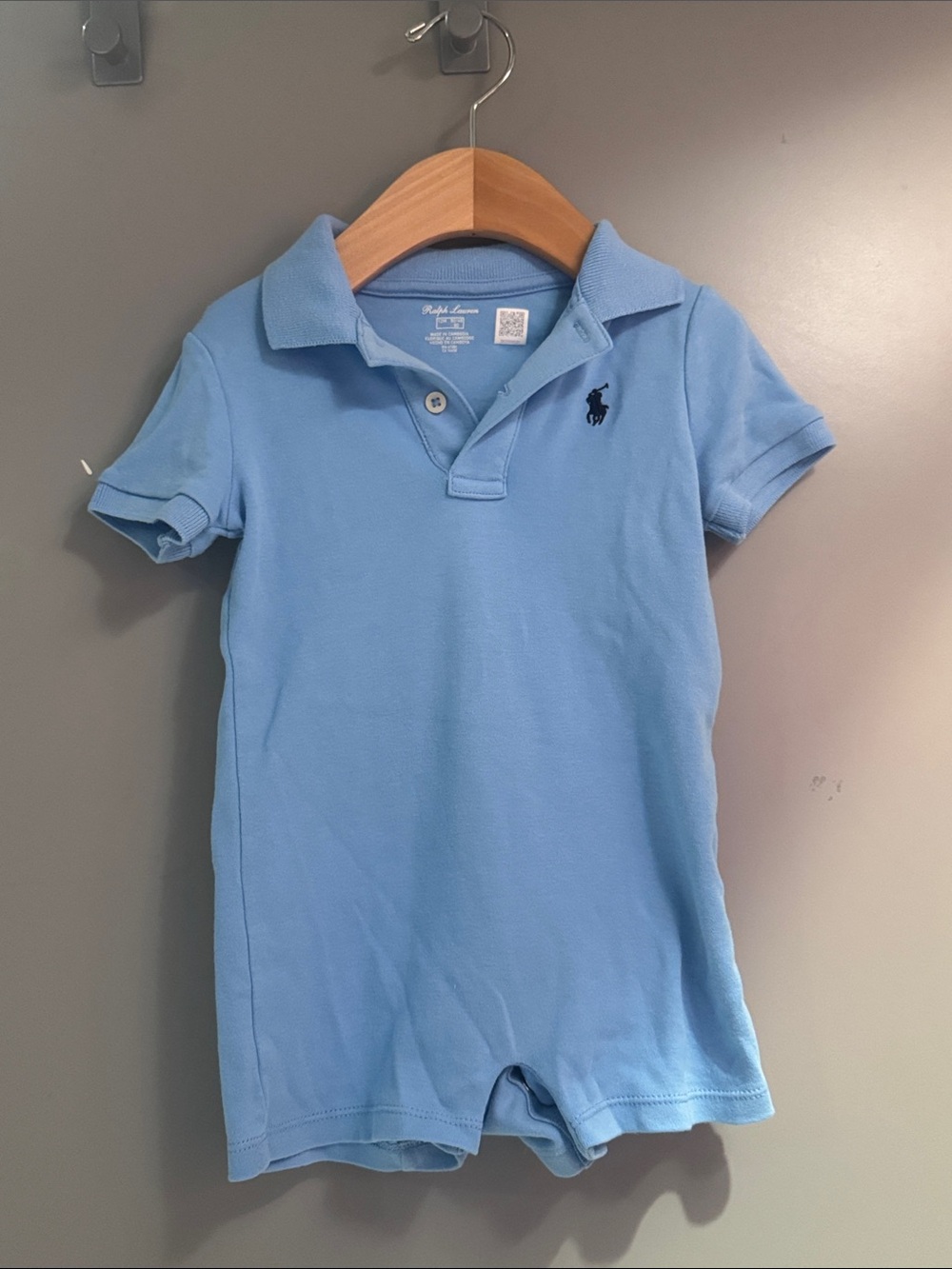 Ralph Lauren Light Blue Polo Romper with Navy Pony
